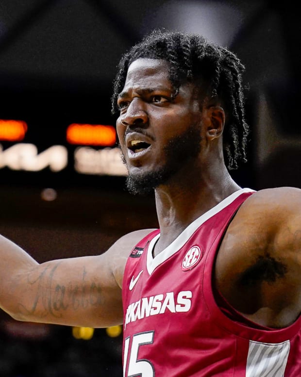 Razorbacks' Makhi Mitchell reacts against Missouri